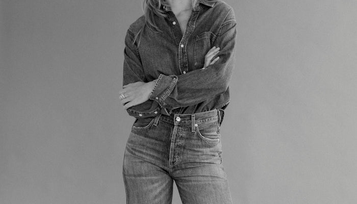 A woman  in a pair of denim from Hill's Dry Goods