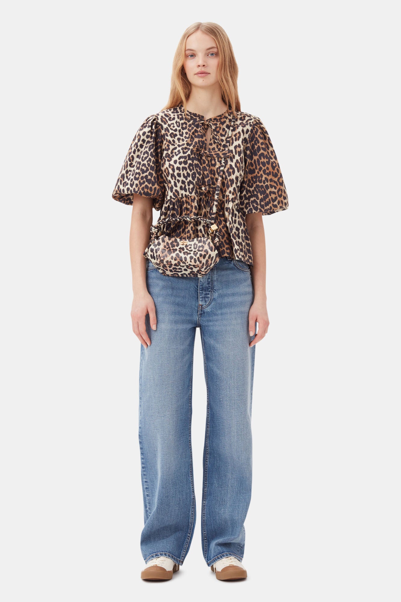 Leopard Cotton Poplin Peplum Tie Blouse Tops Ganni