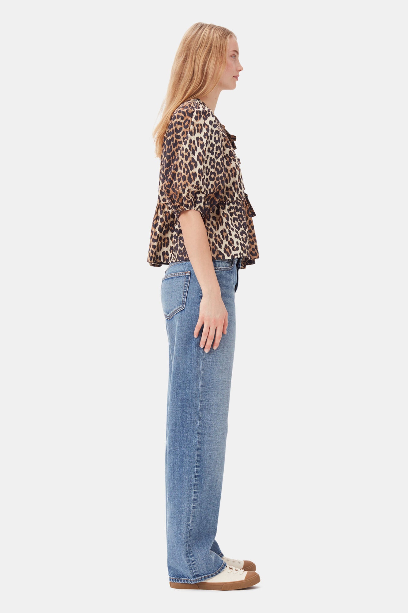 Leopard Cotton Poplin Peplum Tie Blouse Tops Ganni