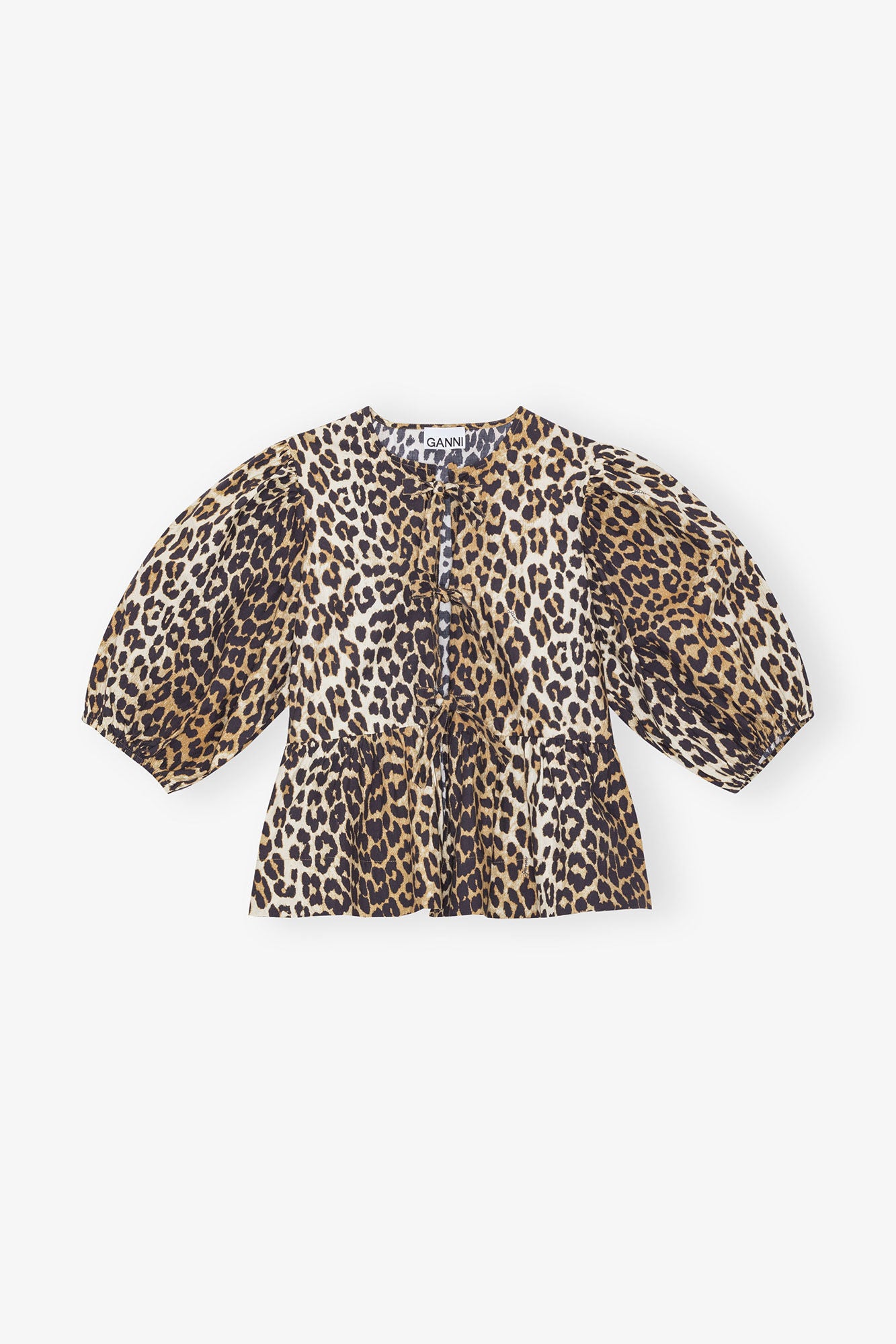 Leopard Cotton Poplin Peplum Tie Blouse Tops Ganni