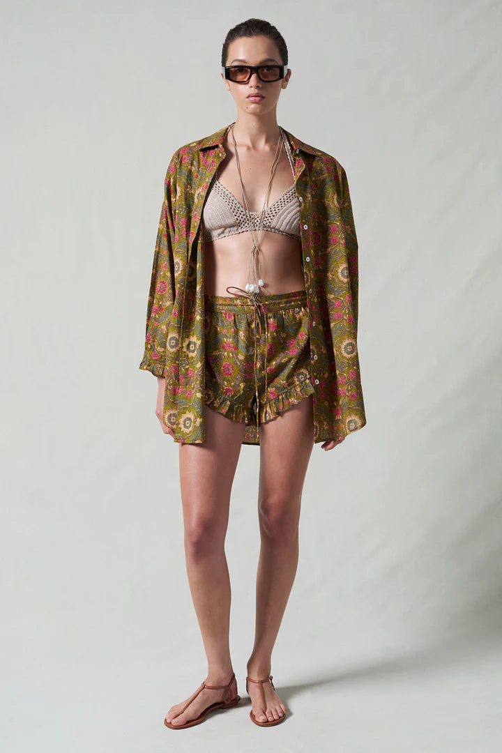 Wildflower Printed Ruffle Short Set Olive Green Loungewear Chan Luu