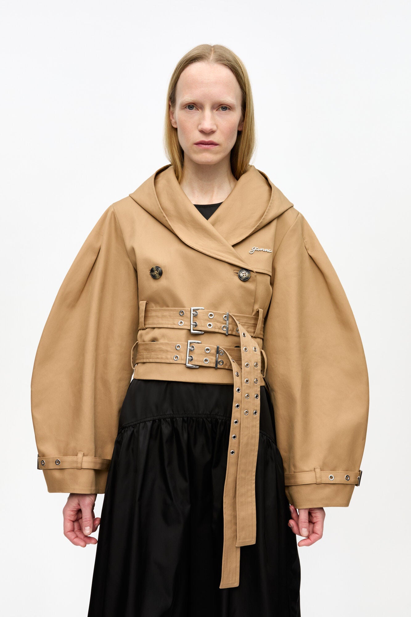 Camel Bonded Cotton Short Trench Jacket Jackets &amp; Coats Ganni