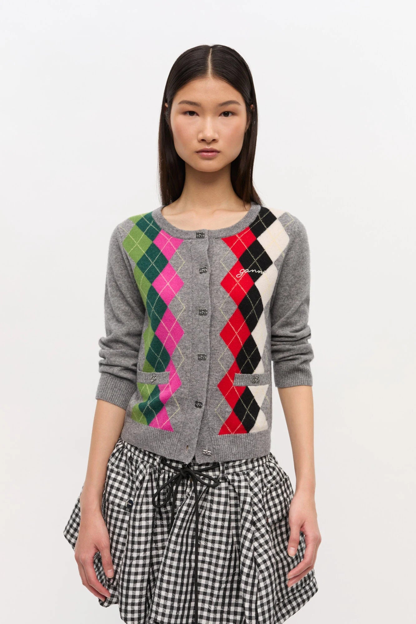 Grey Check Cardigan Sweaters & Knits Ganni