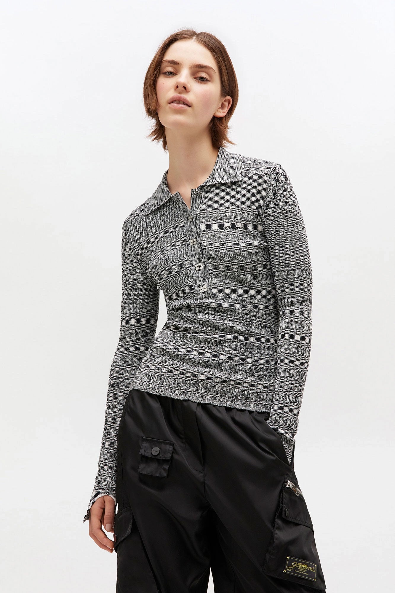 Grey Striped Knitted Polo Shirt Sweaters & Knits Ganni