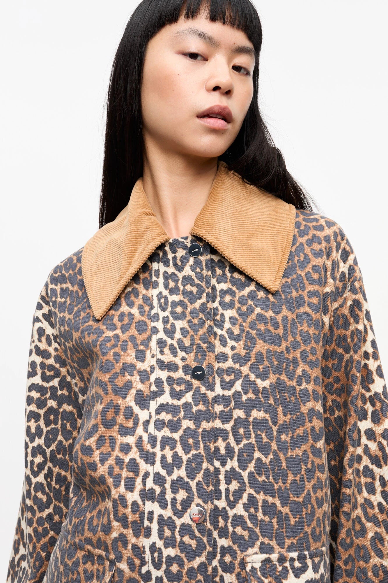 Leopard Printed Canvas Midi Jacket Jackets &amp; Coats Ganni
