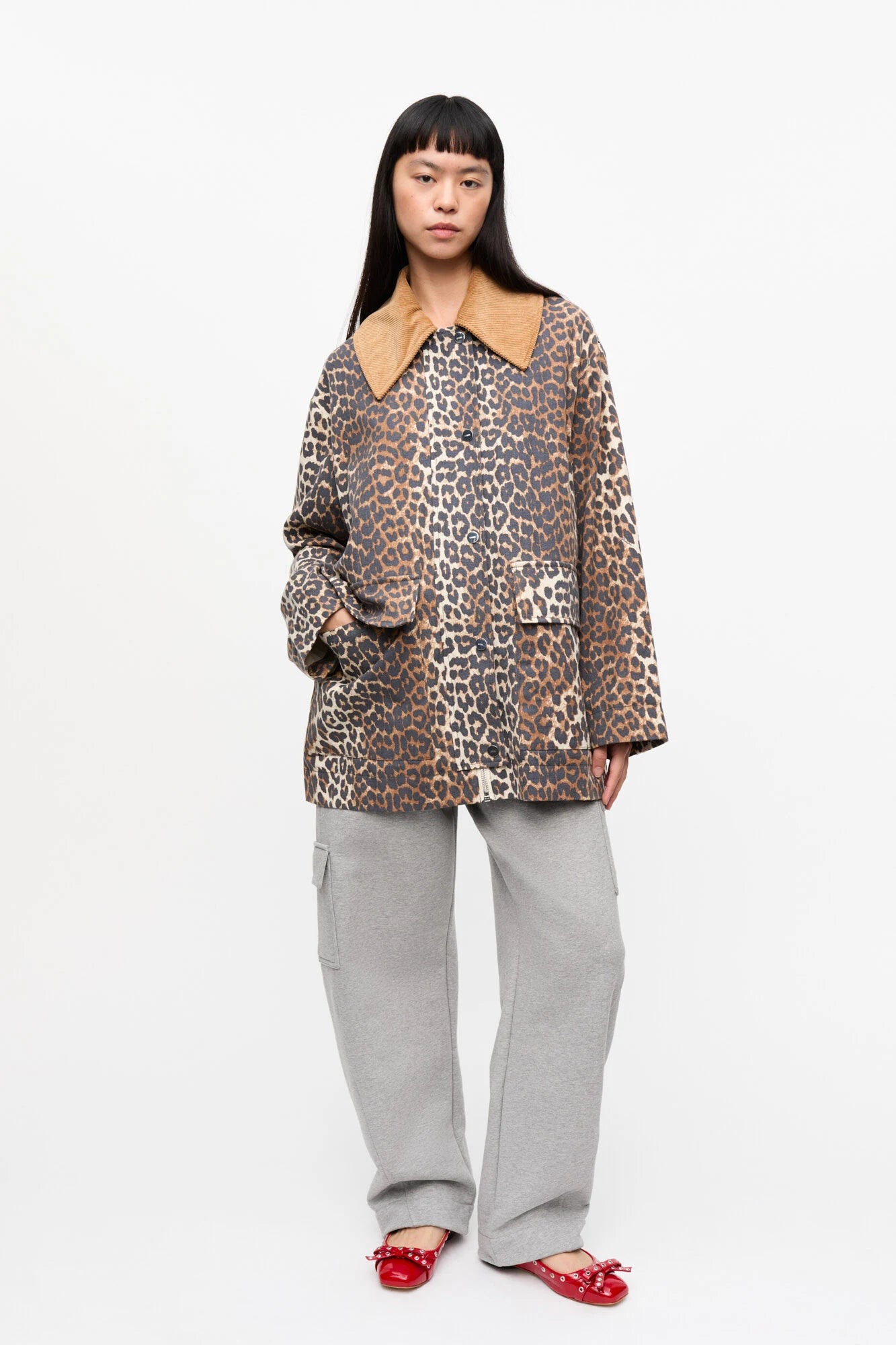 Leopard Printed Canvas Midi Jacket Jackets & Coats Ganni