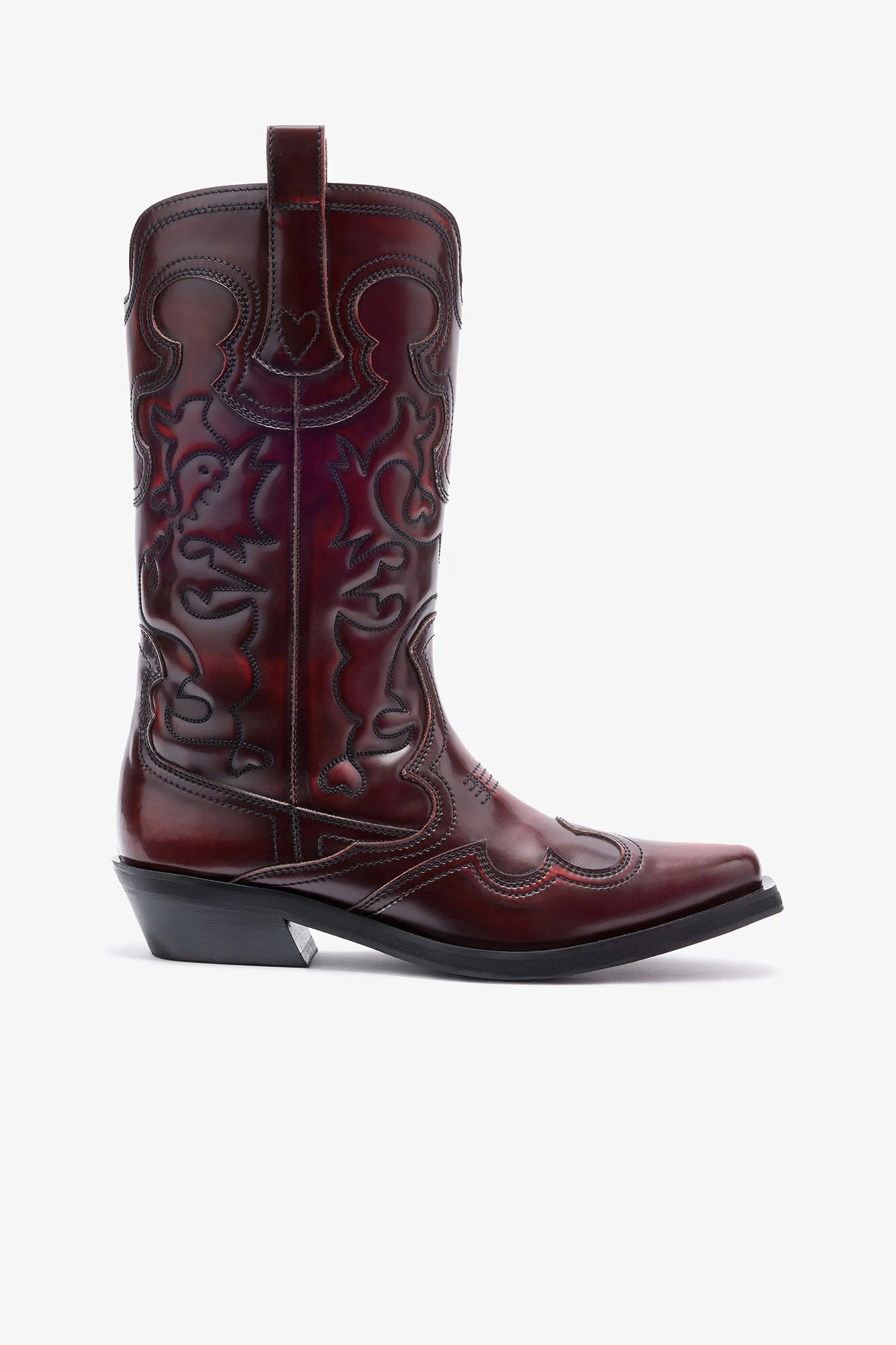 Mid Shaft Embroidered Western Boots in Burgundy Footwear Ganni