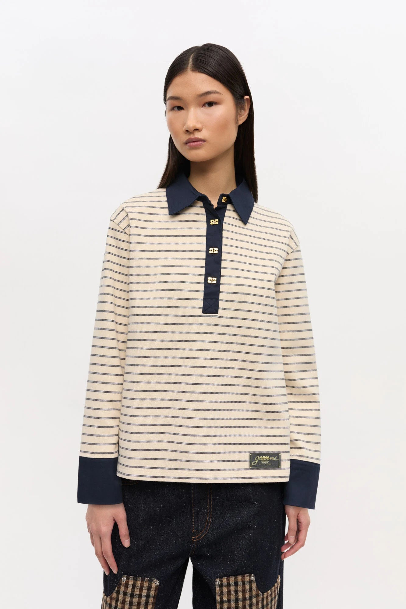 Striped Cotton Polo Tops Ganni