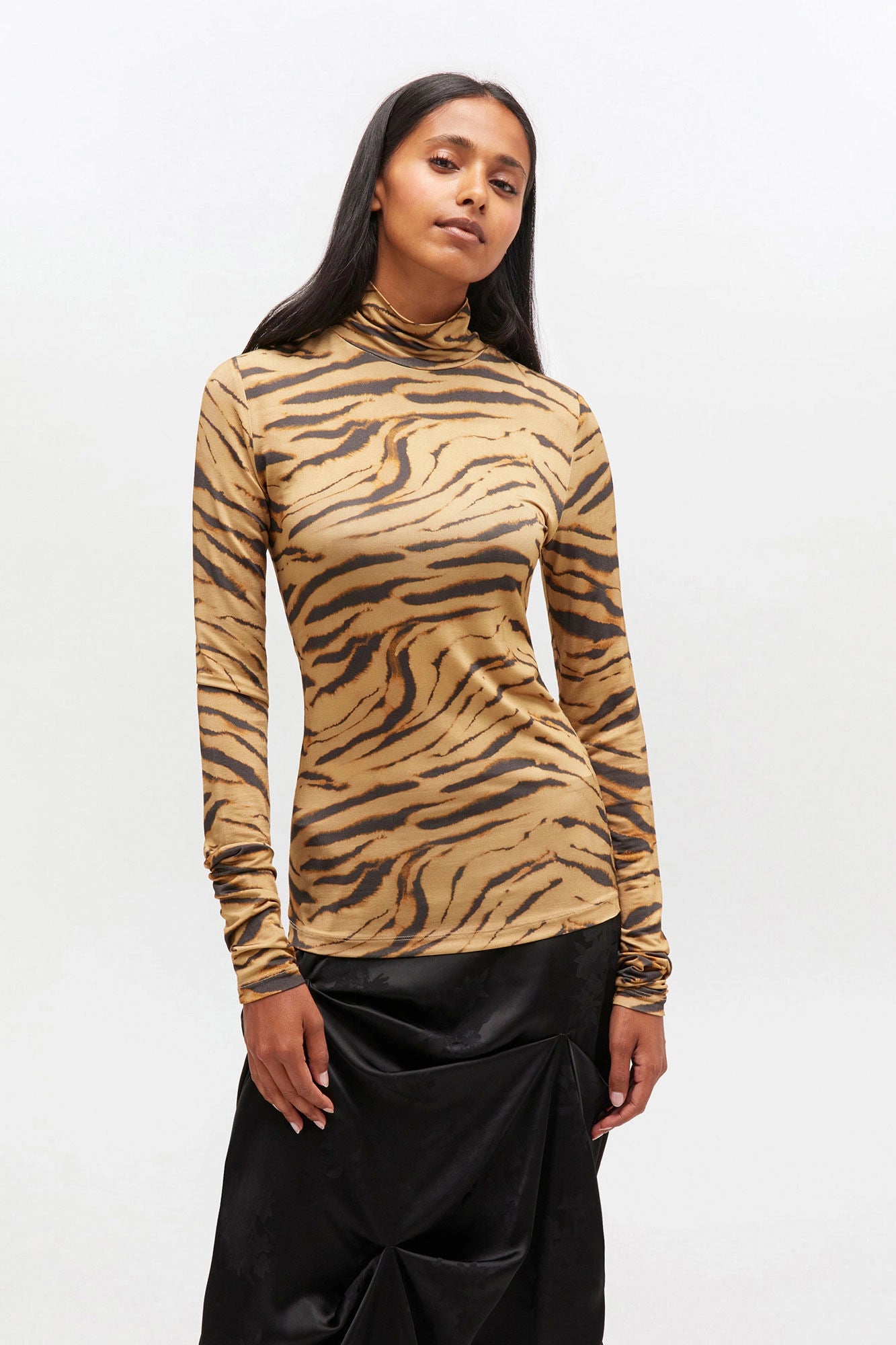 Zebra Print Jersey Turtleneck Tops Ganni